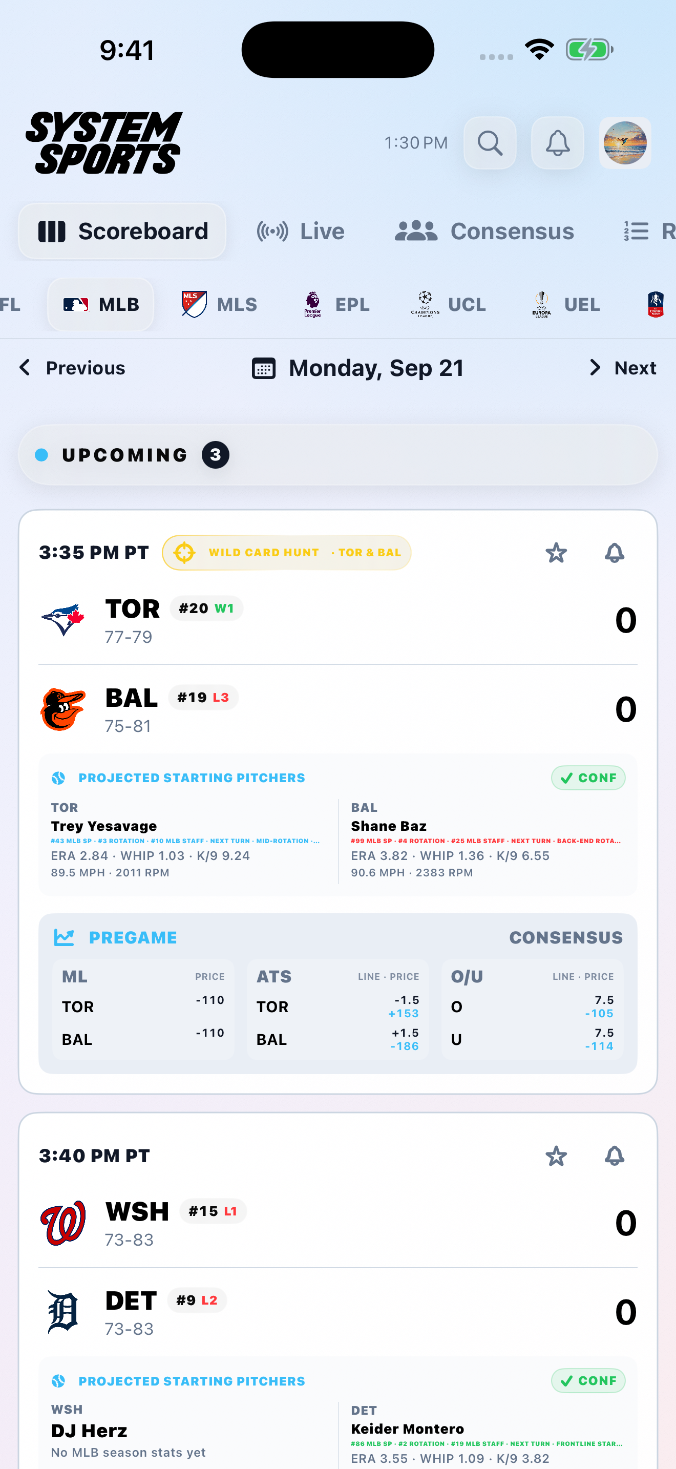 System Sports iPhone app scoreboard